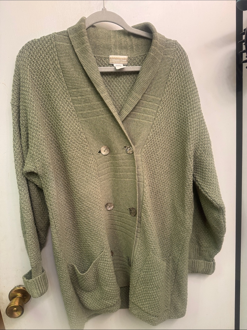 Coldwater Creek Sage Green Double-Breasted Shawl-Collar Cardigan, 100% cotton
